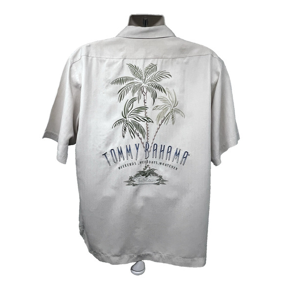 Tommy Bahama Mens Vintage Beige Embroidered Silk Button Up Shirt Medium Pocket - Picture 5 of 10